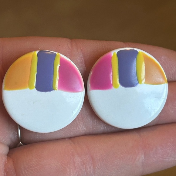 Retro Geometric Earrings 1980s Colorful Statement Studs Vintage Jewelry - Picture 2 of 7